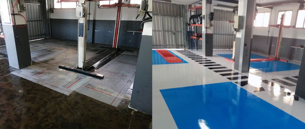 Construcción de pavimento, acabado con resina y con marcajes en taller mecánico en Gipuzkoa