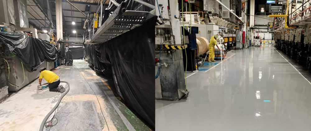Construcción de pavimento, acabado con resina epoxi para empresa gráfica en Gipuzkoa
