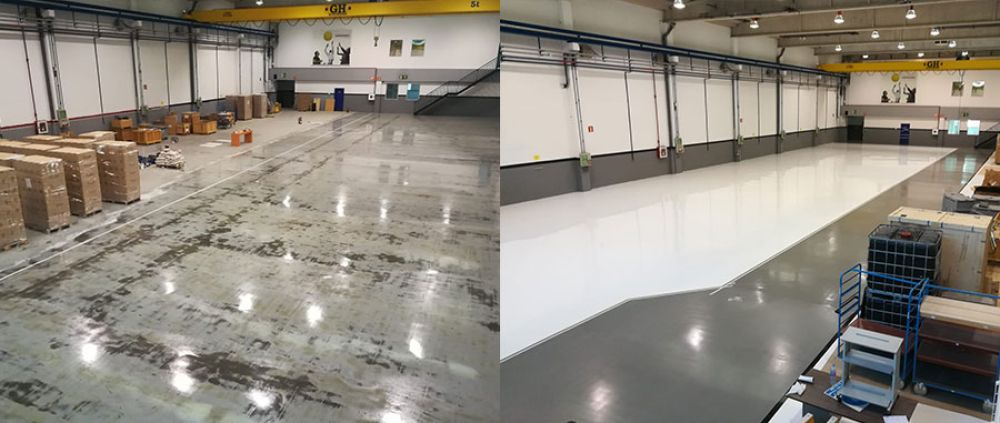 Renovación de pavimento industrial con resina epoxi y marcaje de pasillo en Gipuzkoa